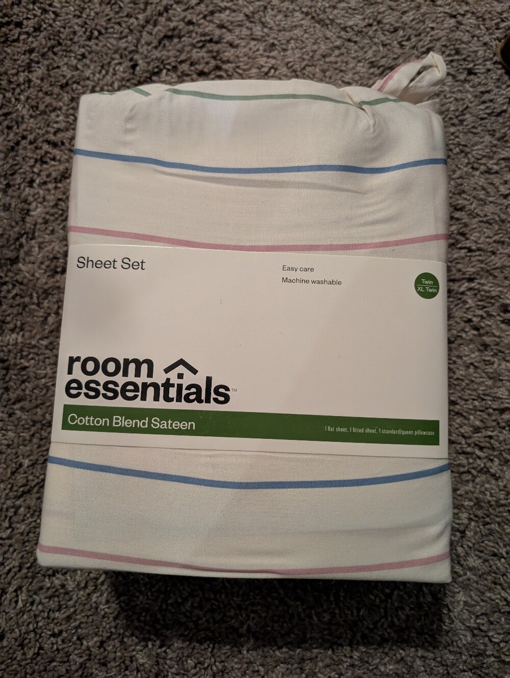 Room Essentials Twin Sheet Set - White with Blue, Pink, Green Stripes